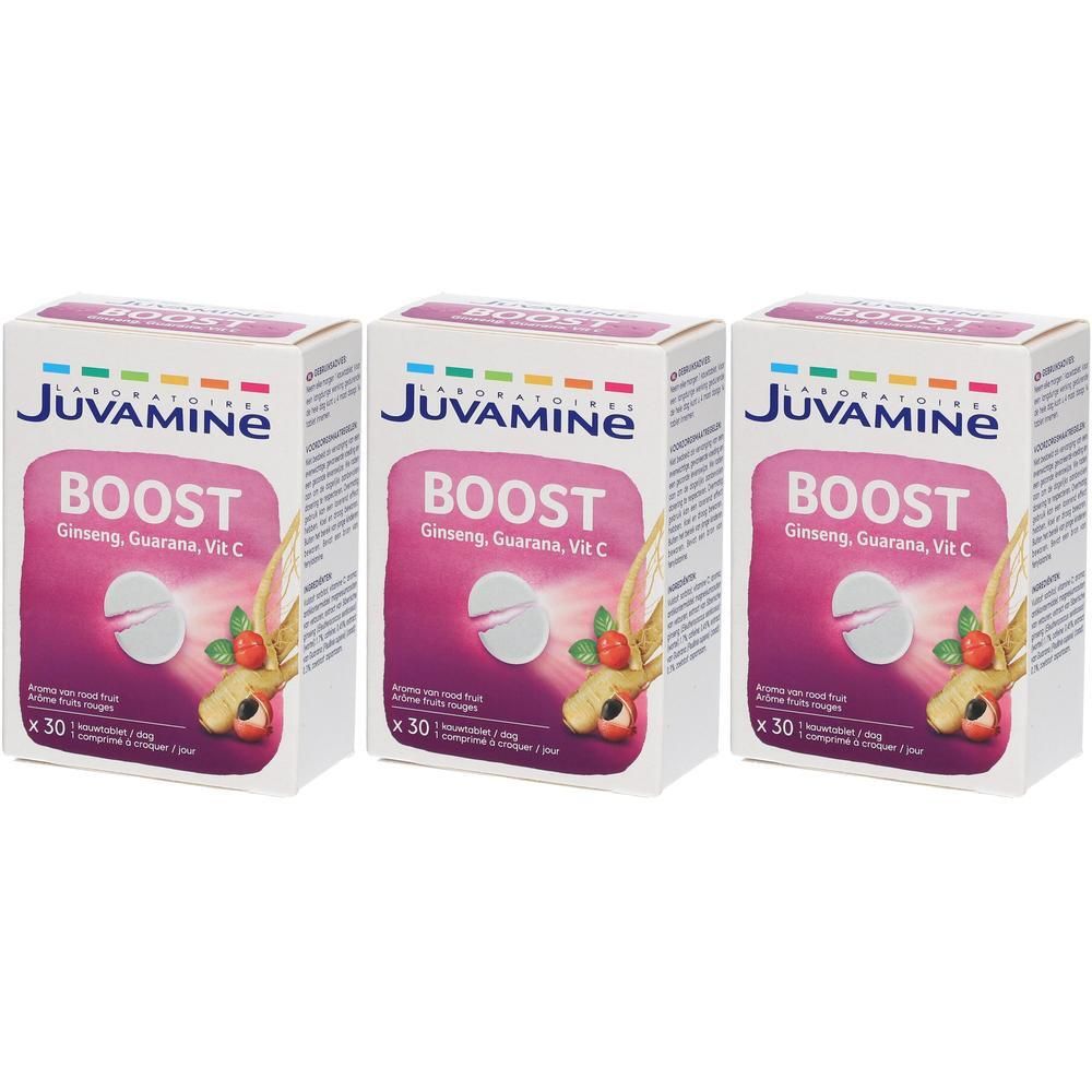 Trois boîtes Juvamine Boost Ginseng, Guarana, Vit C, 30 comprimés à croquer chacune.