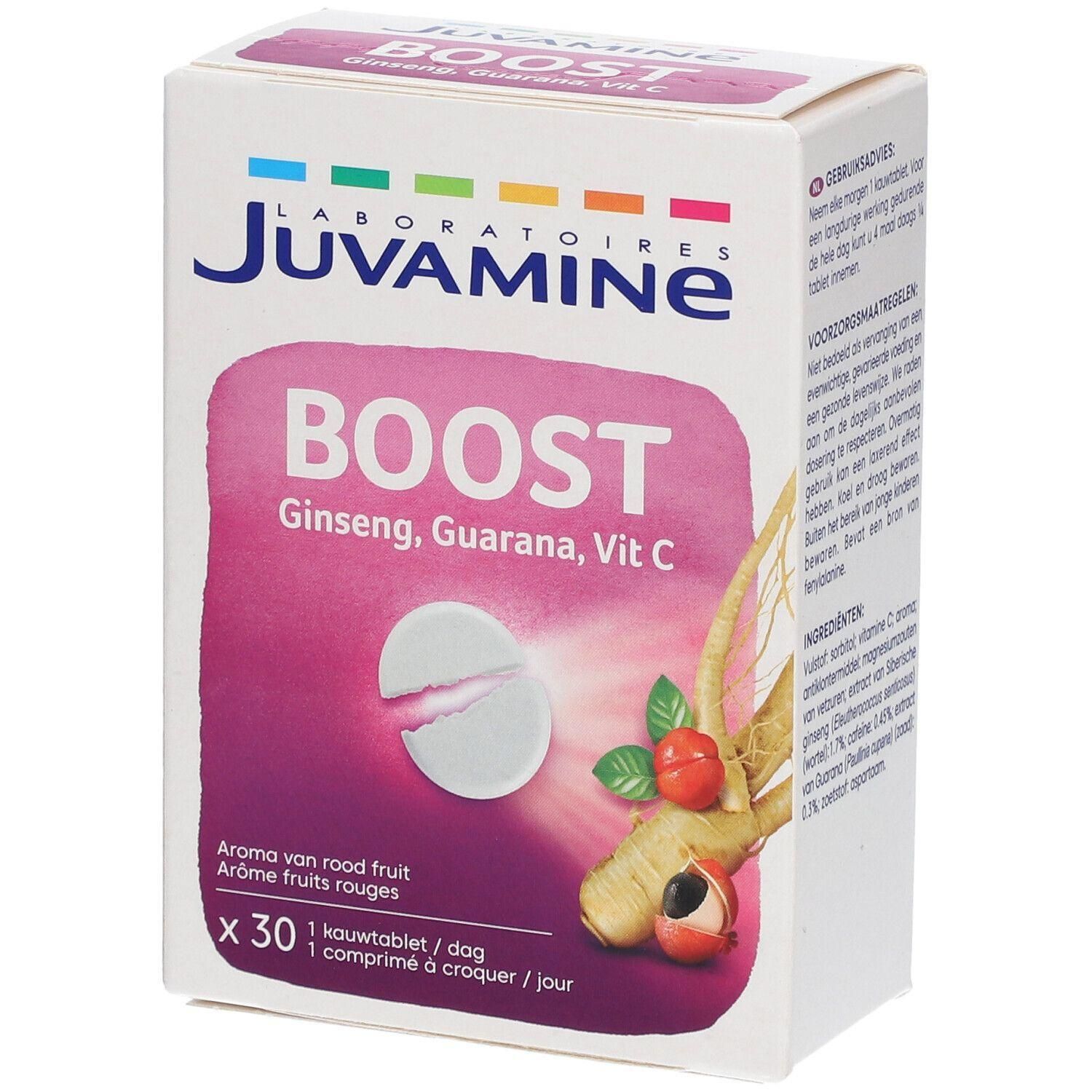 Juvamine Boost: 30 comprimés à croquer avec Ginseng, Guarana et Vitamine C. Arôme fruits rouges.