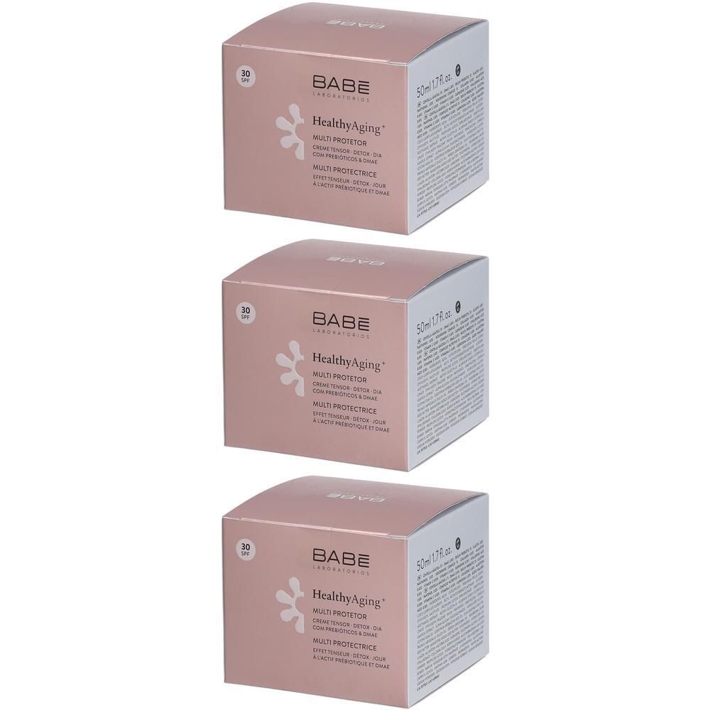 Trois boîtes de BABÉ HealthyAging+ Multi Protector Lifting Cream SPF30, 50ml.