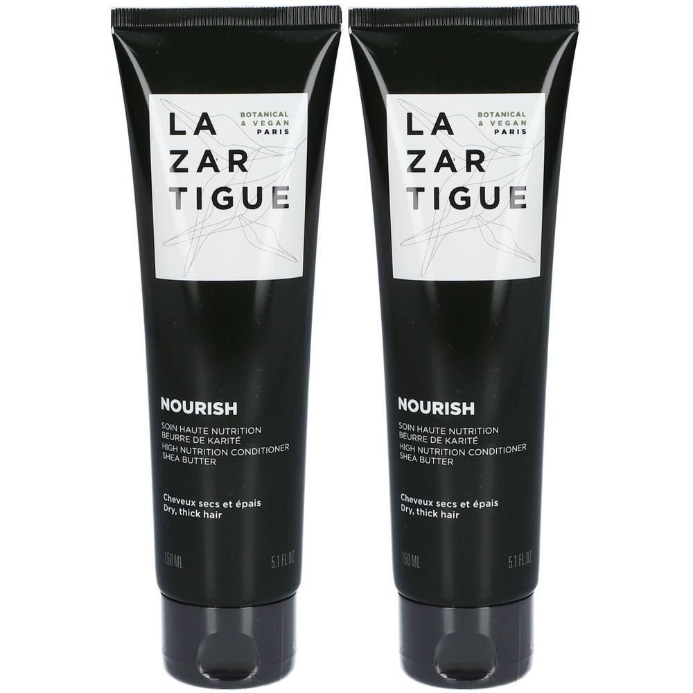 Twee tubes Lazartigue Nourish haarverzorging met karitéboter voor droog, dik haar.