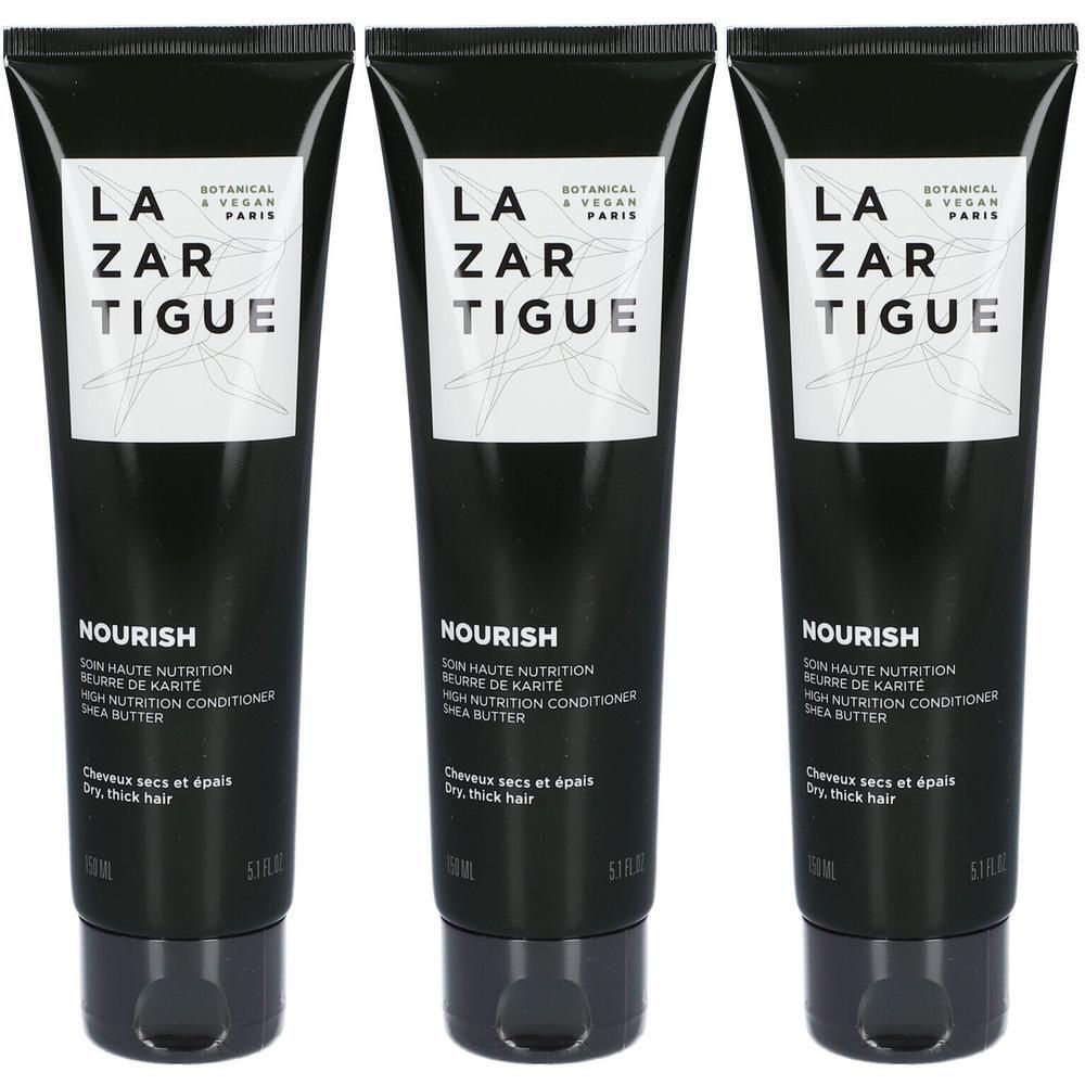 Trois tubes de Lazartigue Nourish Soin Haute Protection Beurre de Karité pour cheveux secs et épais.