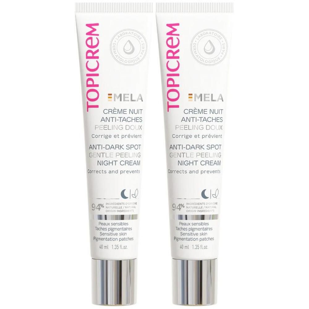 Twee tubes Topicrem Mela Anti-Tâches Peeling Doux nachtcrème. Corrigeert en voorkomt pigmentvlekken.