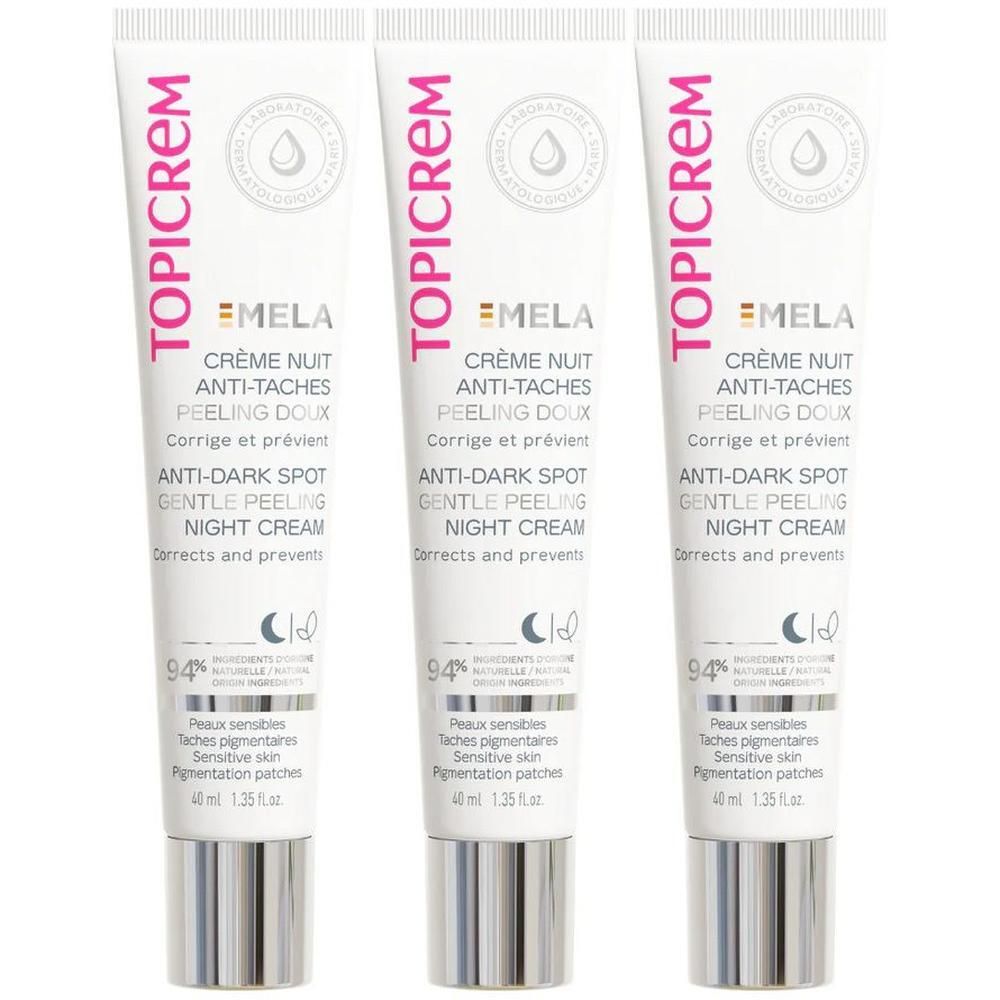 Drie tubes Topicrem Mela Anti-Donkere Vlekken Nachtcrème. Elk 40 ml.