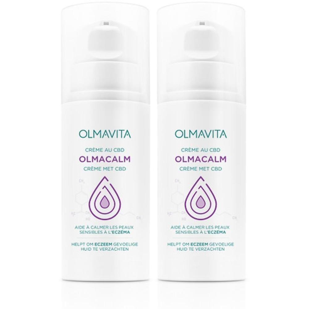 Twee witte pompflesjes Olmavita Olmacalm Crème met CBD.
