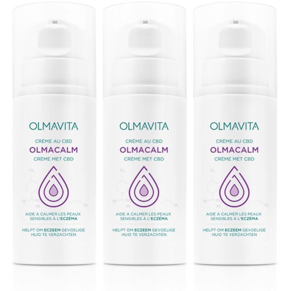 Trois flacons de crème Olmacalm au CBD pour peaux sensibles.