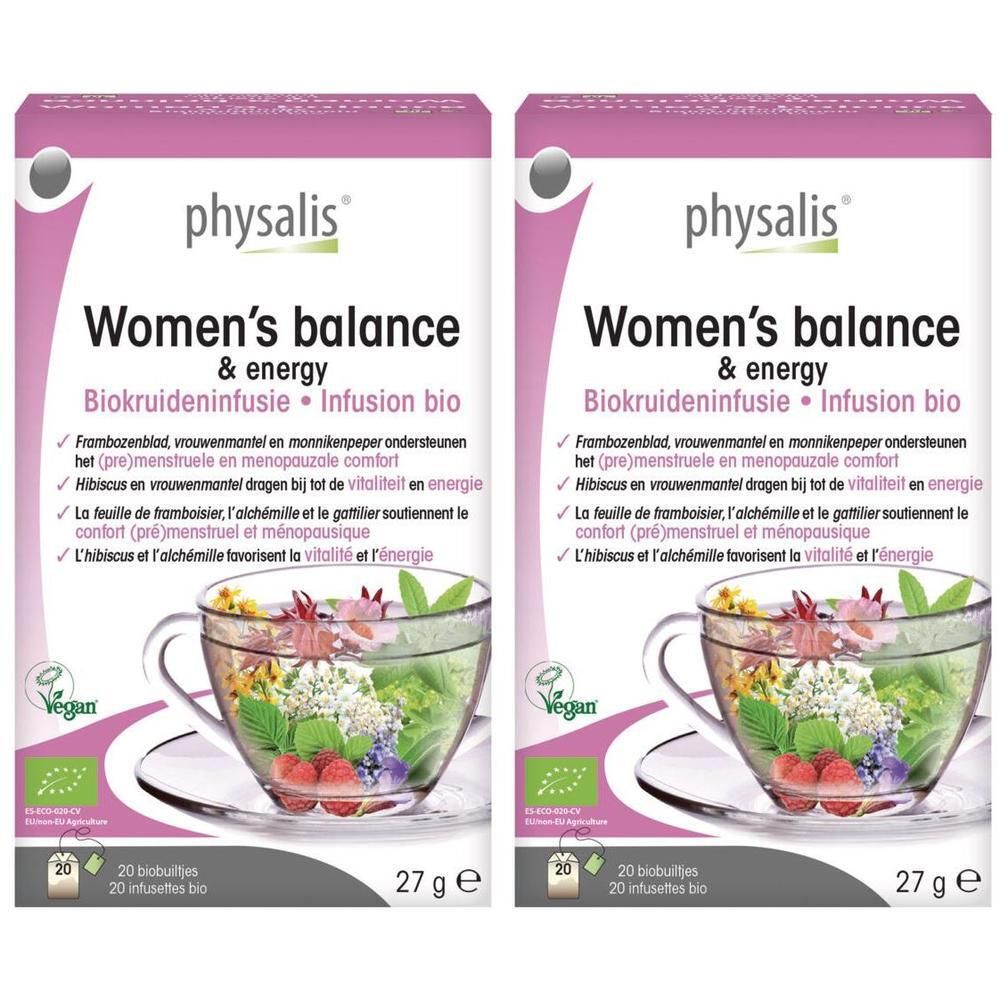 Deux paquets de tisane bio Physalis Women's Balance & Energy. Une tasse de tisane aux herbes et fruits est représentée.