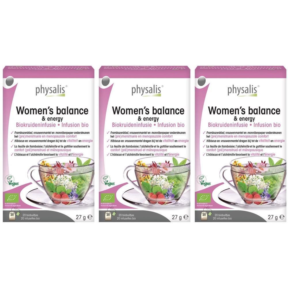 Drie pakken Physalis Woman's Balance & Energy Infusion Bio met kruiden en fruit in een kopje.