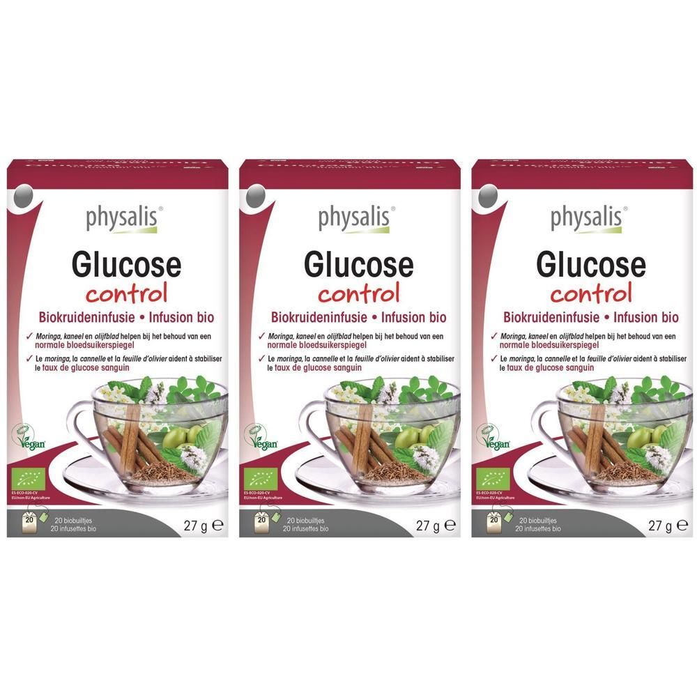 Drie pakken Physalis Glucose Control kruidenthee. Elk pak toont een kop thee met kaneelstokjes en kruiden.
