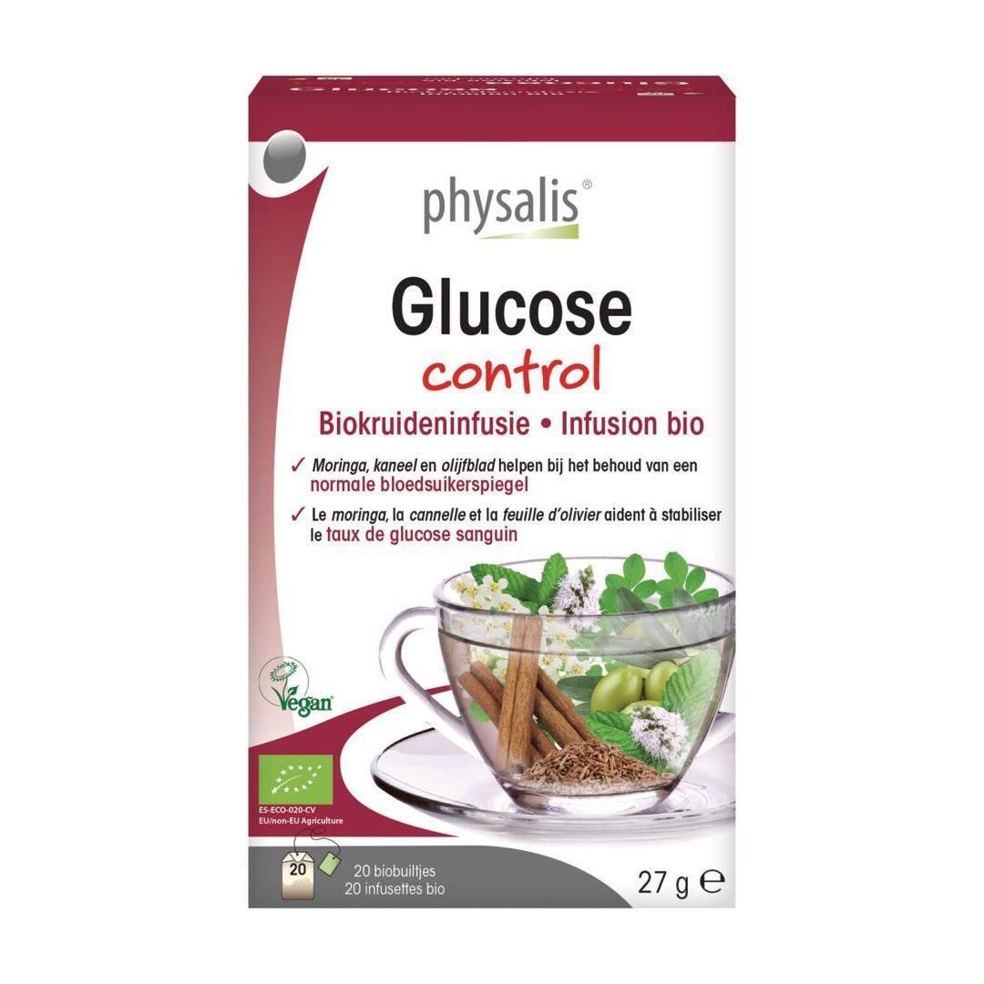 Physalis Glucose Control Infusion Bio: Boîte de 20 sachets, 27g. Montre une tasse de thé avec bâtons de cannelle et herbes.