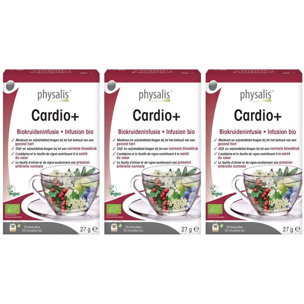 Drie pakken Physalis Cardio+ Bio kruidenthee. Elk pak toont een kopje met kruiden en bessen.