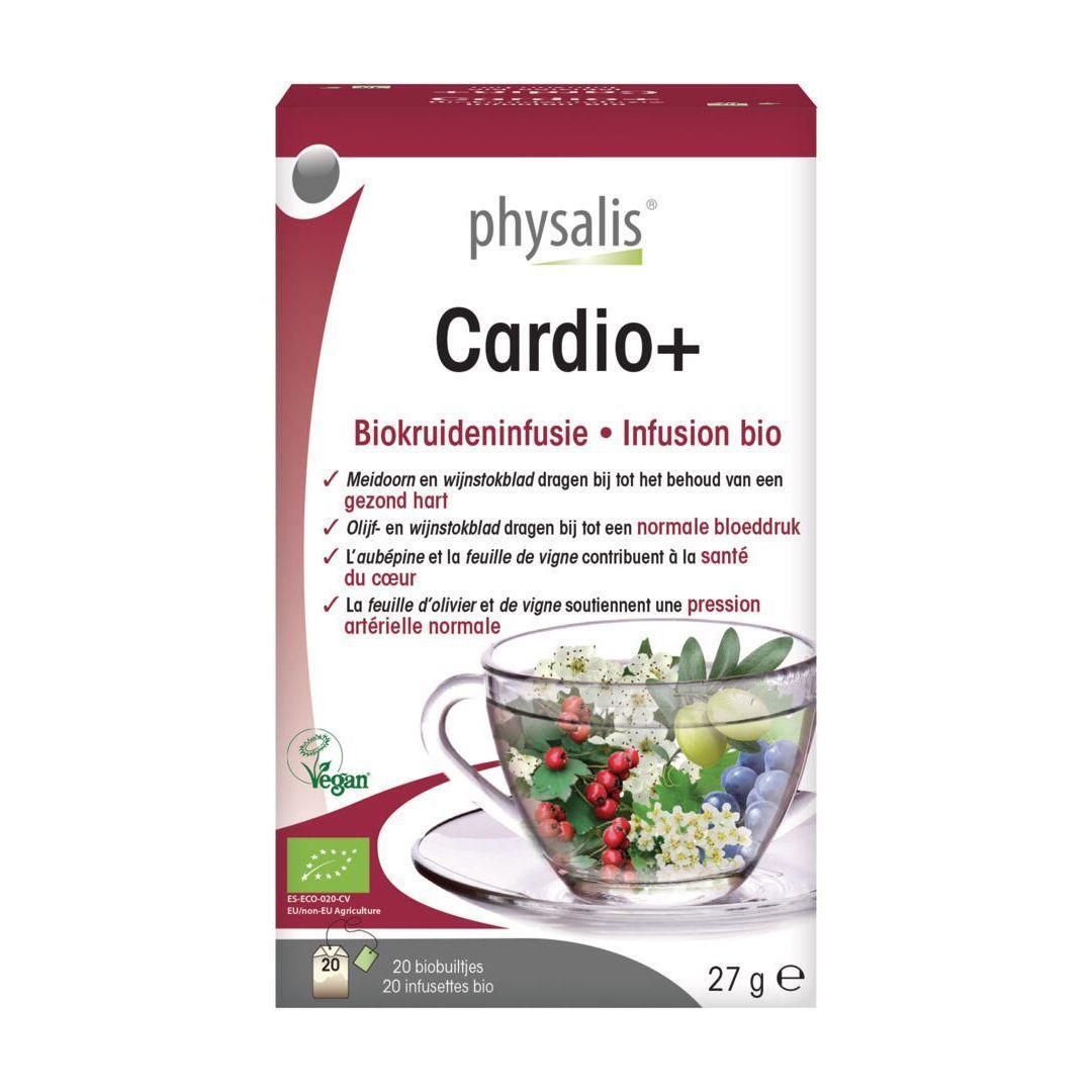 Physalis Cardio+ Bio kruideninfusie: Doos met 20 zakjes, 27g. Toont een kop thee met bessen en kruiden.