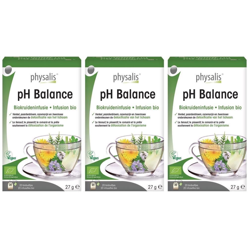 Trois paquets de tisane bio Physalis pH Balance. Chaque paquet contient 20 sachets.