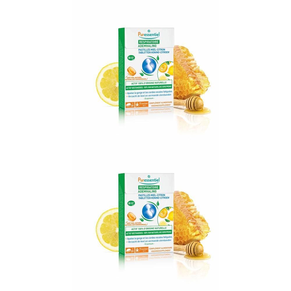 Puressentiel Respiratoires Pastilles Honing Citroen. Doosje met citroen en honingraat.