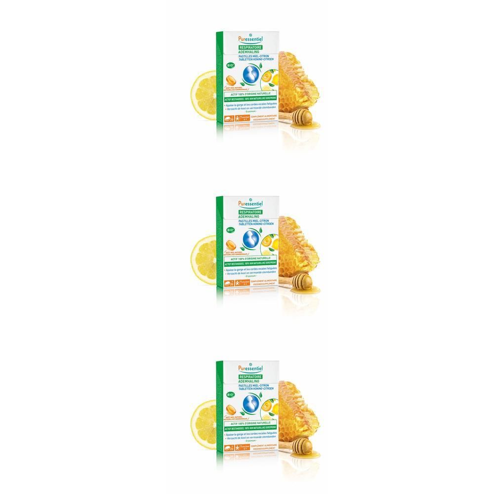 Pastilles Puressentiel Miel Citron, avec rayon de miel et tranche de citron.