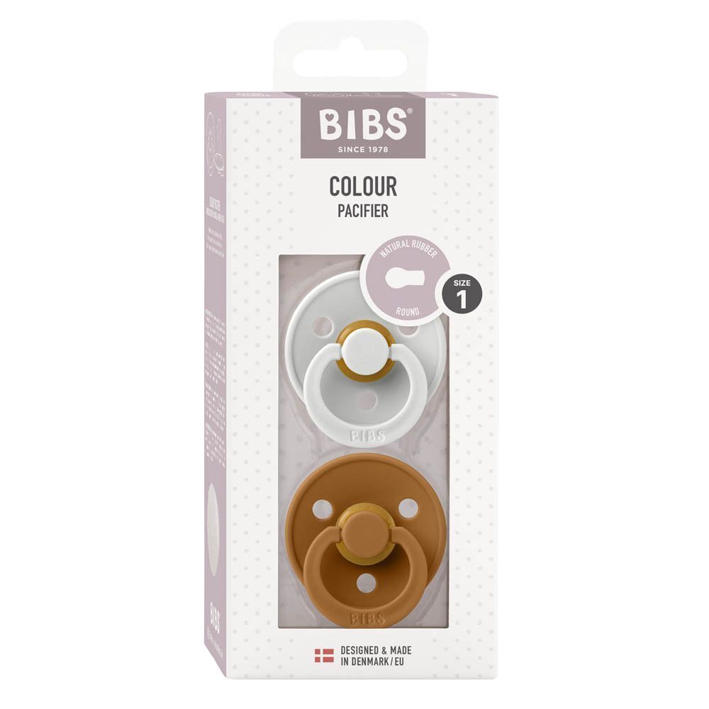 BIBS fopspeen set maat 1, verpakt in een kartonnen doos. Bevat een witte en een bruine fopspeen.