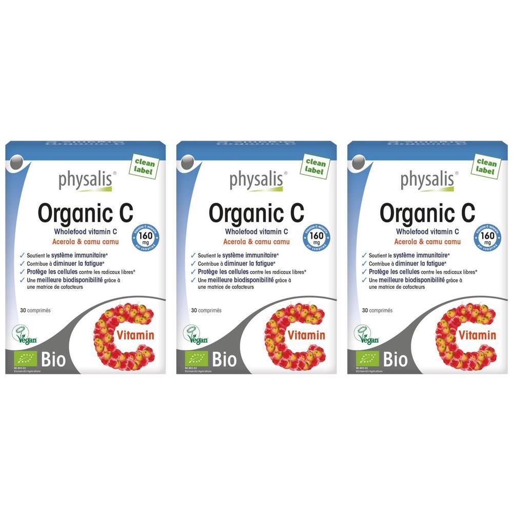 Trois boîtes de Physalis Organic C Vitamine C à l'acérola et camu camu.