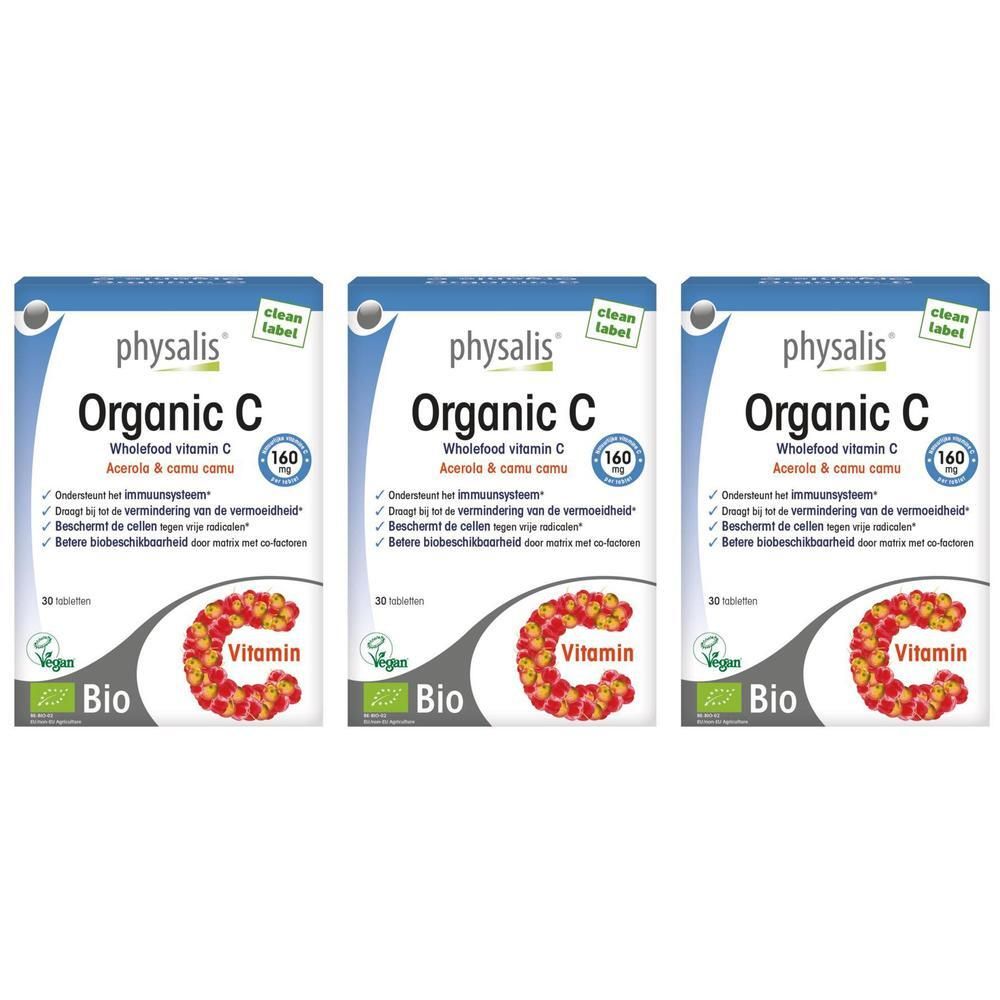 Drie verpakkingen Physalis Organic C Vitamine C met acerola en camu camu.