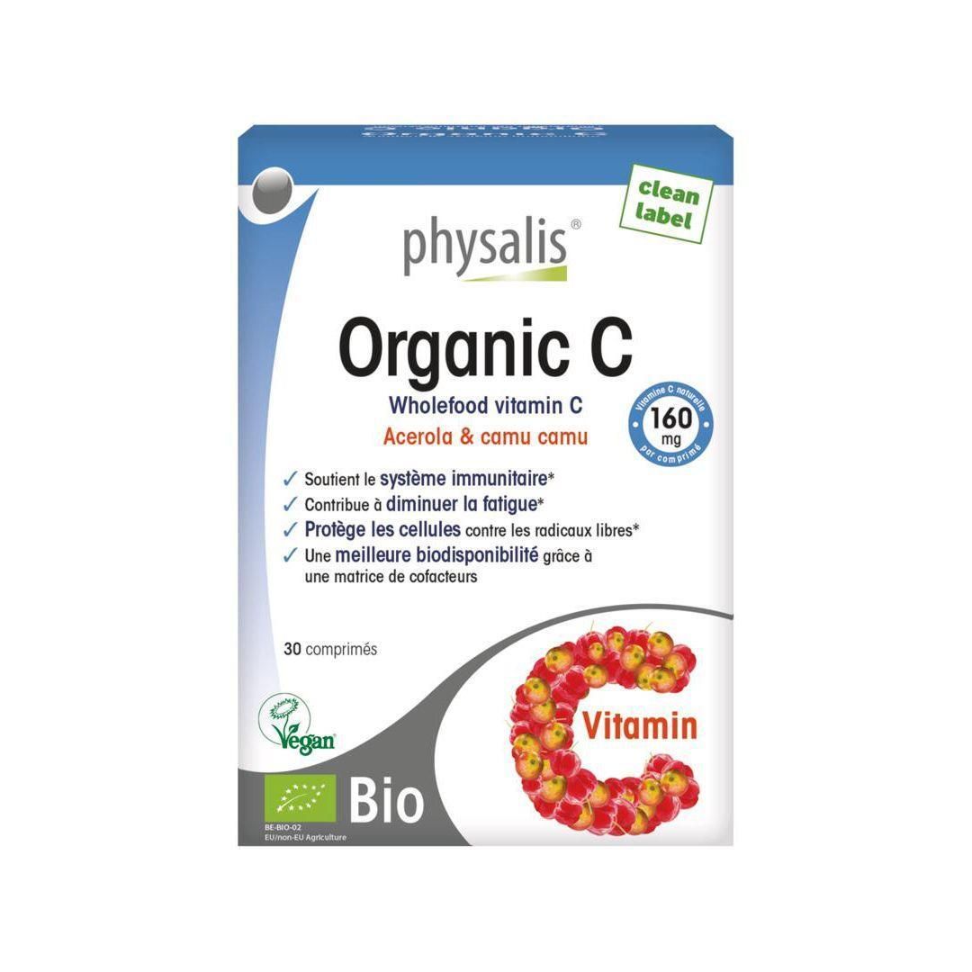 Physalis Organic C: Boîte de 30 comprimés, Vitamine C Wholefood, Acerola & camu camu. Certifié Vegan & Bio.