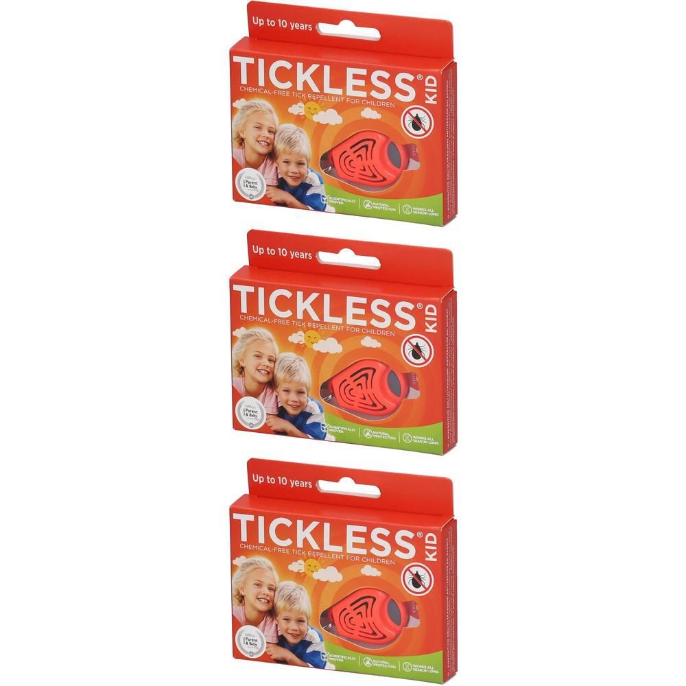 Trois paquets Tickless Kid, orange, avec des images d'enfants et un appareil anti-tiques.