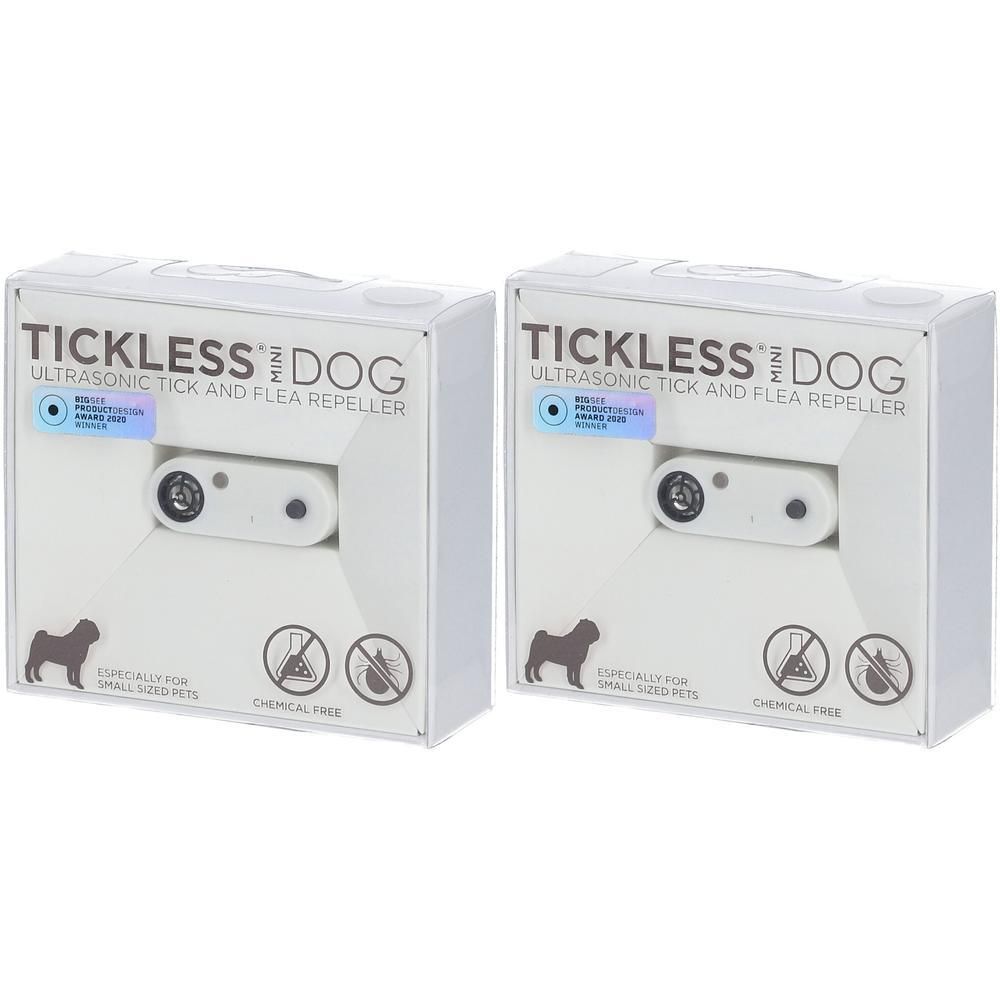 Twee verpakkingen Tickless Mini Hond, ultrasone teken- en vlooienafweerder. Wit, compact, voor kleine huisdieren.
