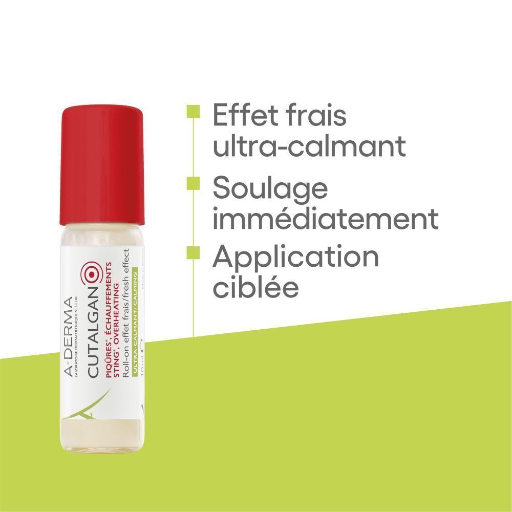 Roll-on A-Derma Cutalgan avec infoboxes : effet frais, soulagement immédiat, application ciblée.