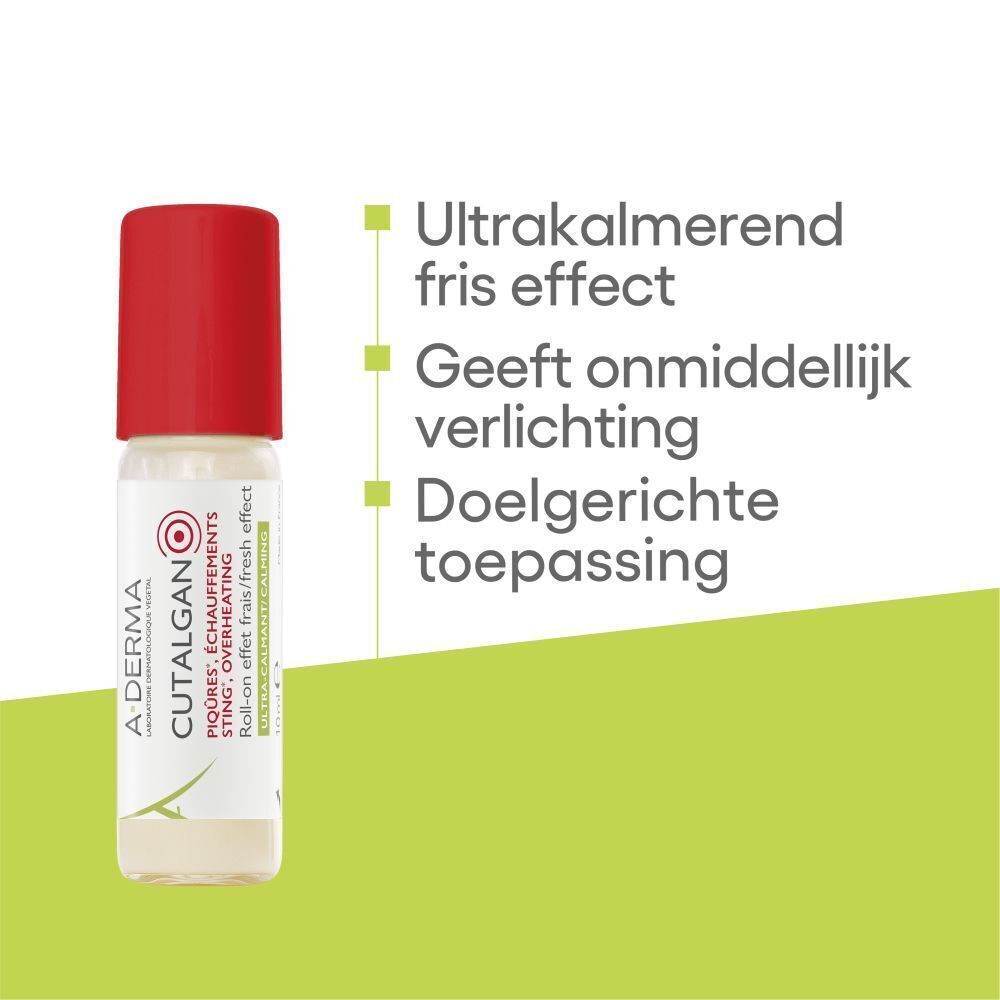 A-Derma Cutalgan roll-on met infoboxen: fris effect, onmiddellijke verlichting, gerichte toepassing.