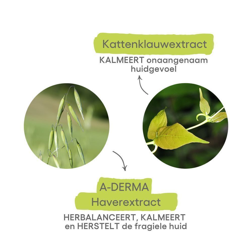 A-Derma Cutalgan roll-on met infoboxen: Peruaanse liane, A-Derma Haver, kalmeert en herstelt.