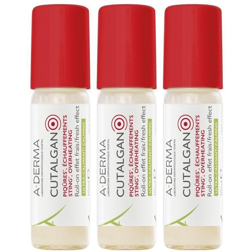 Trois roll-ons A-Derma Cutalgan à bouchon rouge, 10ml. Formule apaisante pour piqûres et échauffements.
