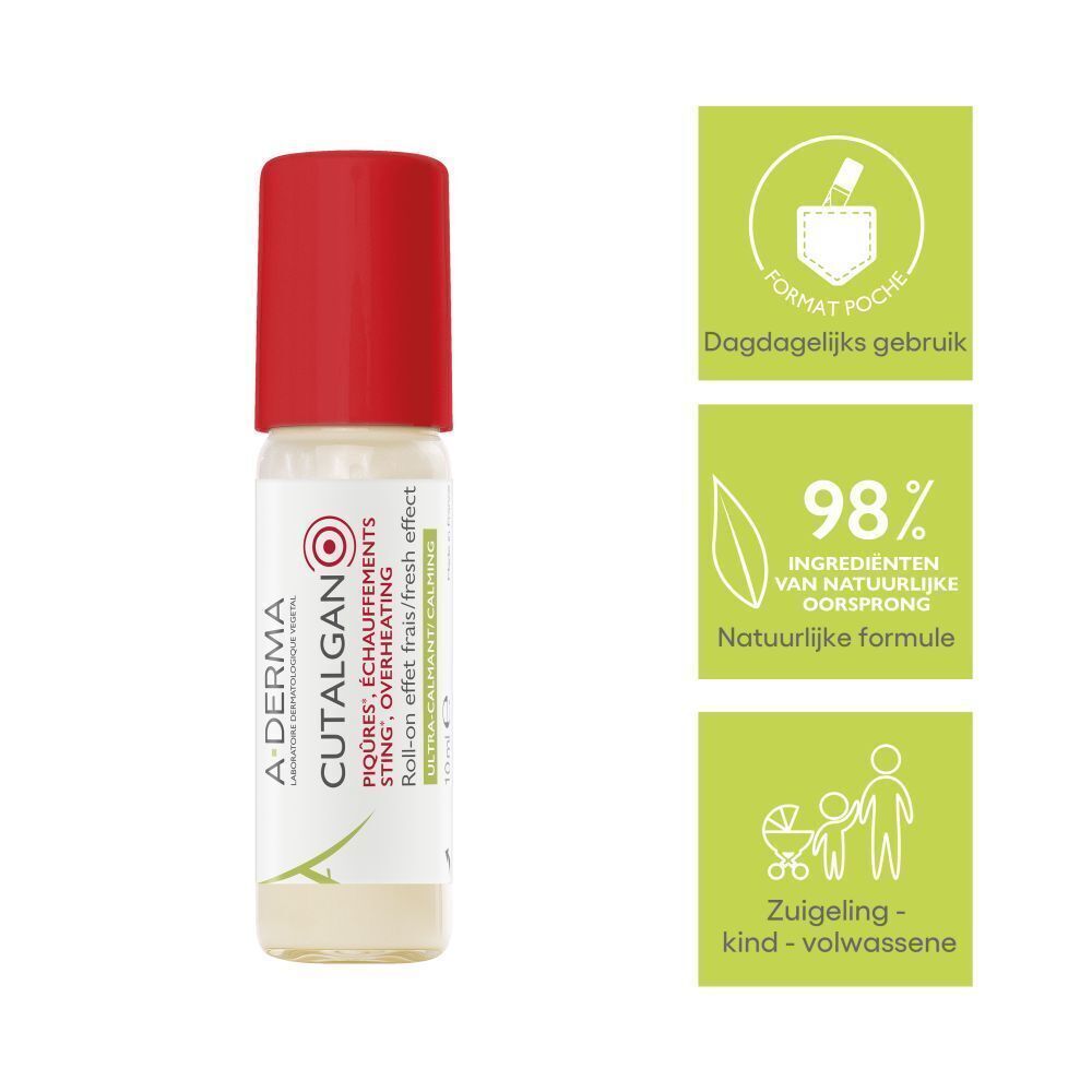 A-Derma Cutalgan roll-on met infoboxen: zakformaat, 98% natuurlijke ingrediënten, voor baby's tot volwassenen.