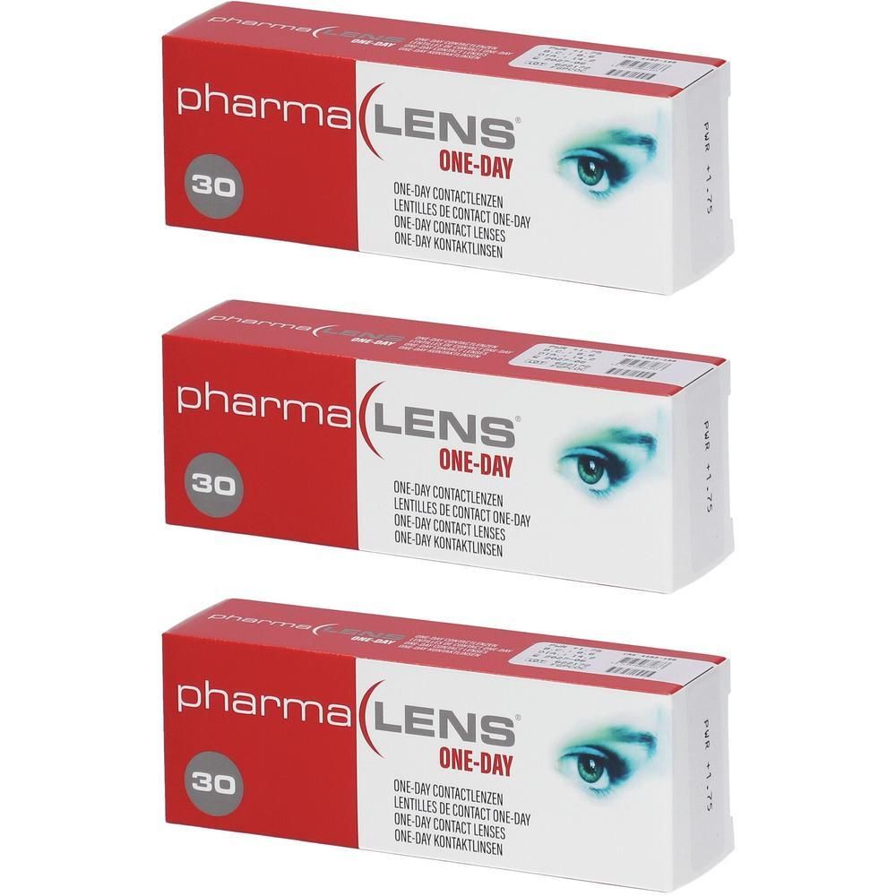 Trois boîtes de lentilles de contact PharmaLens One-Day, 30 lentilles par boîte.