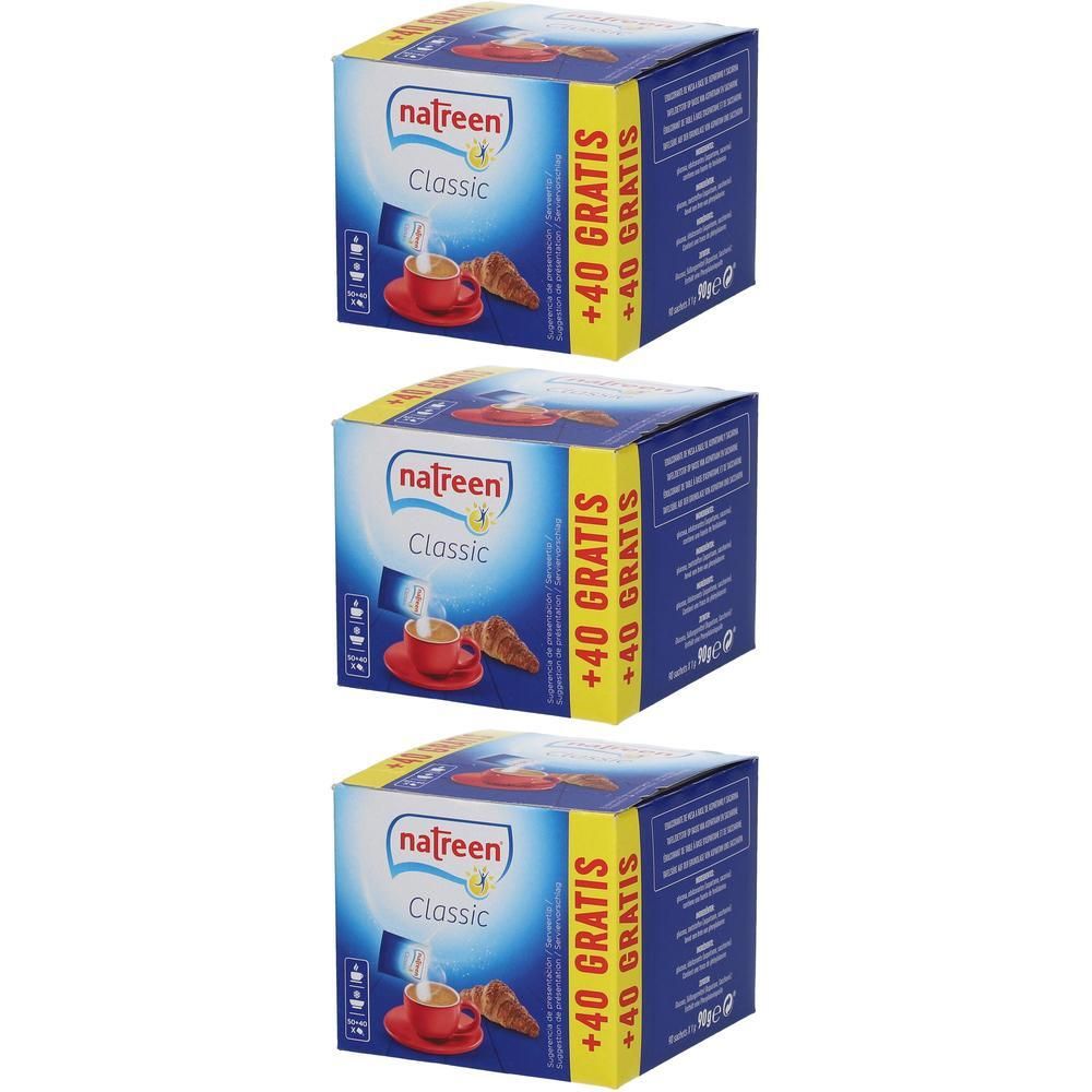 Drie dozen Natreen Classic met +40 GRATIS opdruk. Eén doos toont een kop koffie en een croissant.