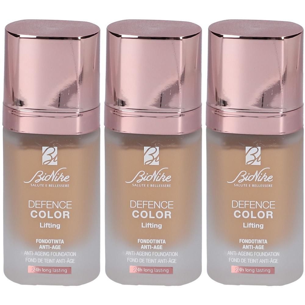 Trois flacons de BioNike Defence Color Lifting Foundation, teinte 205 Cognac.