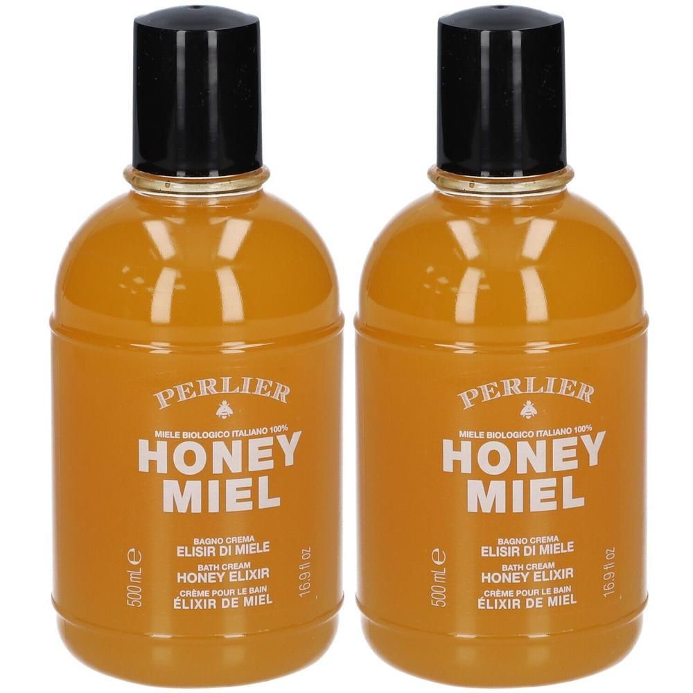 Deux flacons de crème de bain miel Perlier, 500 ml.