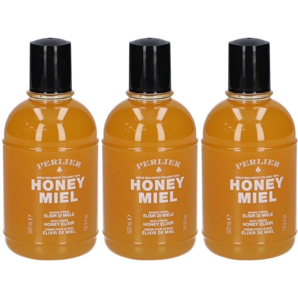 Trois flacons d'élixir de bain PERLIER Honey Miel au miel, 500 ml.