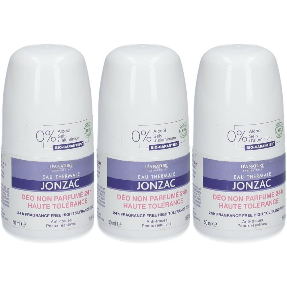 Drie Jonzac roll-on deodorants, 50ml, 0% aluminiumzouten, ongeparfumeerd.