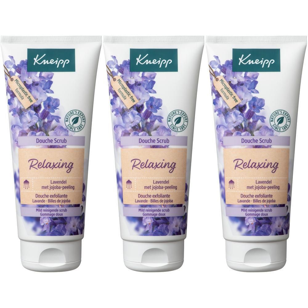 Trois tubes de Gommage Douche Relaxant Lavande Billes de Jojoba Kneipp.
