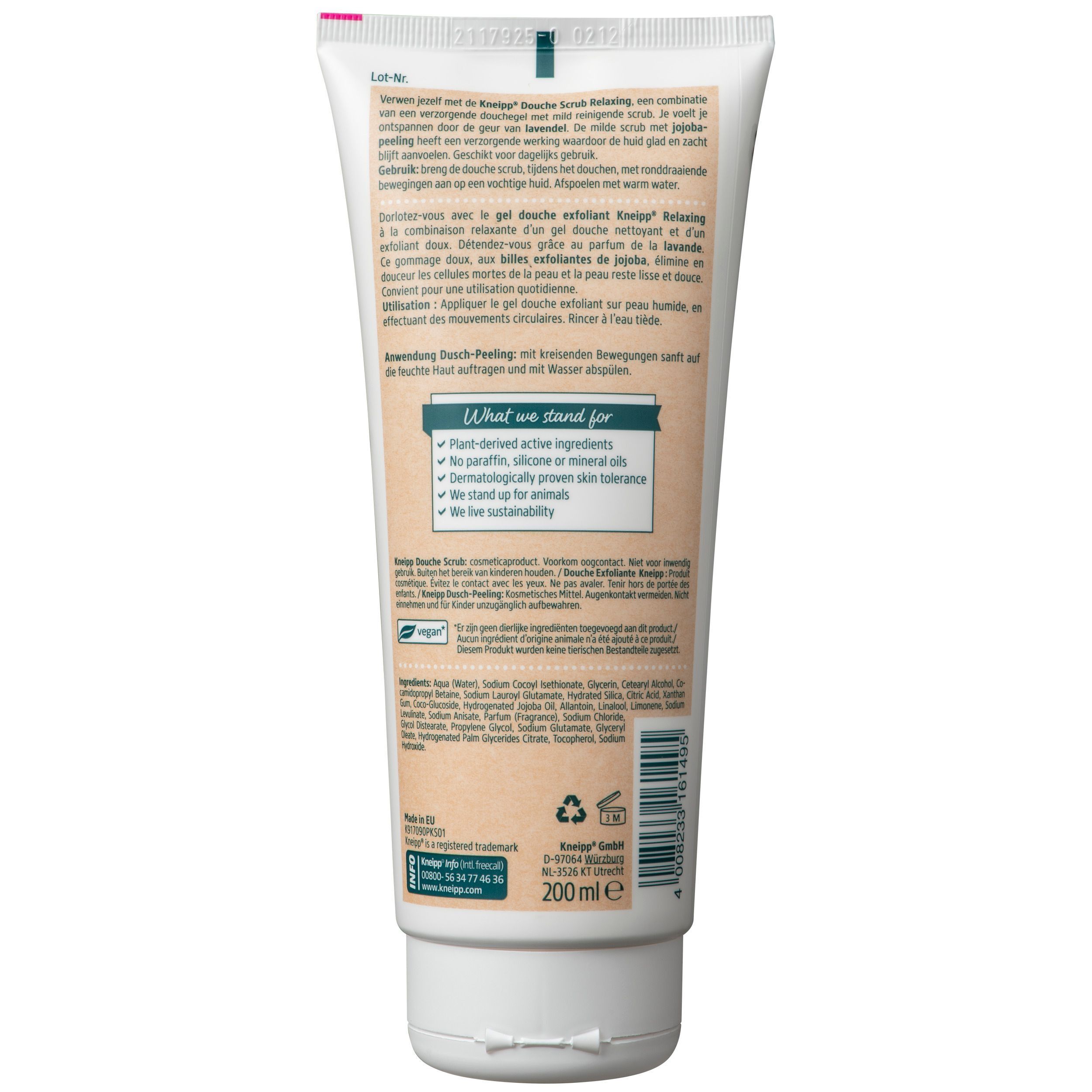 Achterkant van een tube Kneipp Relaxing Douche Exfoliante Lavendel met Jojoba-peeling.