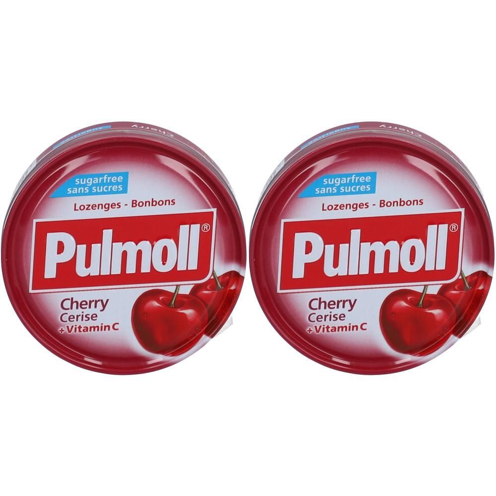 Deux boîtes rondes de bonbons Pulmoll Cerise + Vitamine C, sans sucre.