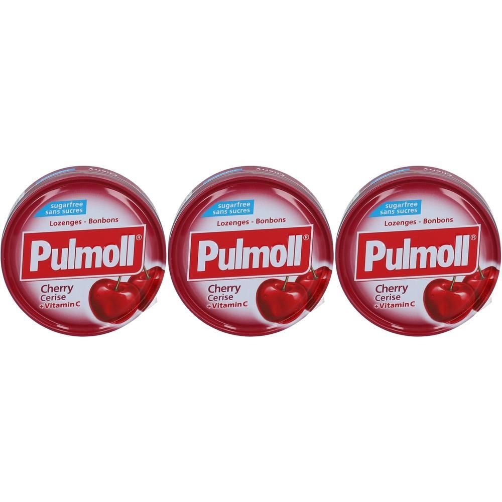 Drie ronde blikken Pulmoll Kers + Vitamine C, suikervrij.