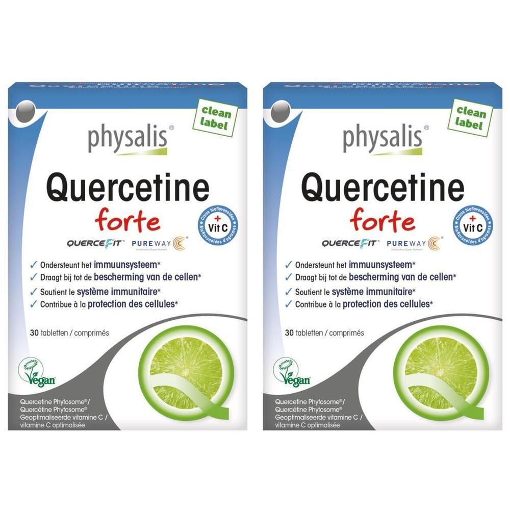 Deux paquets de Physalis Quercetine Forte Bio, 30 comprimés chacun. Avec Vitamine C et label Vegan.
