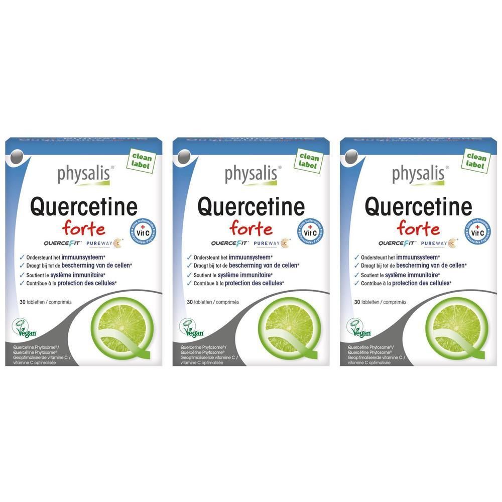 Trois paquets de Physalis Quercetine Forte Bio, chacun contenant 30 comprimés. Tranches d'agrumes vertes sur le devant.