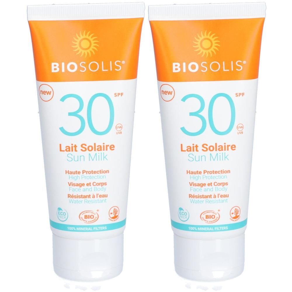 Deux tubes de Lait Solaire SPF 30 BIOSOLIS. Haute protection visage et corps.