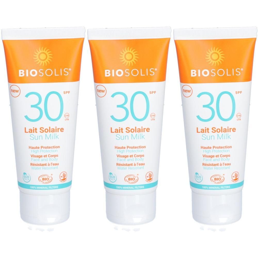 Trois tubes de Lait Solaire SPF 30 de BIOSOLIS. Haute protection visage et corps.
