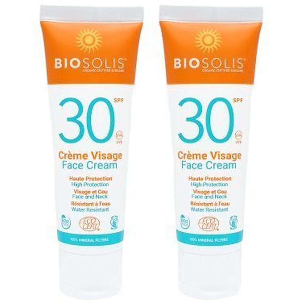 Deux tubes de crème visage Biosolis SPF 30. Haute protection visage et cou. Résistant à l'eau.