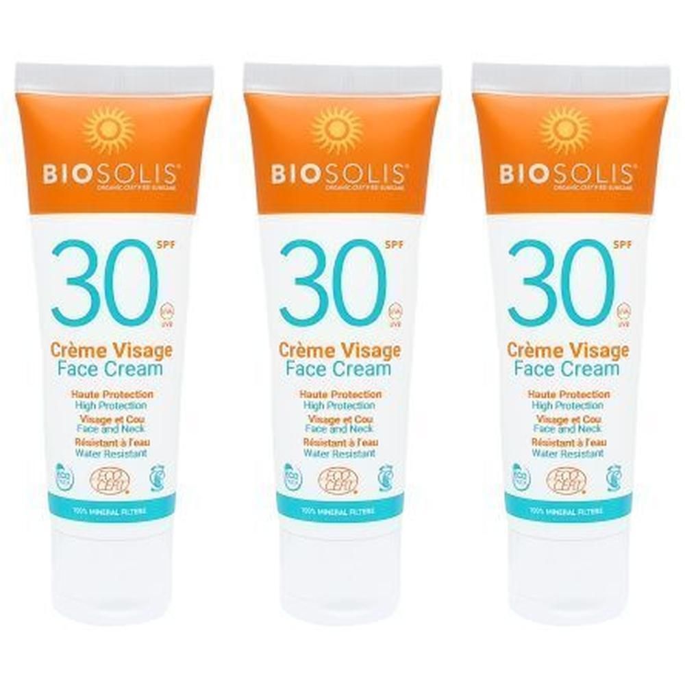Drie tubes Biosolis Gezichtscrème SPF 30. Hoge bescherming gezicht en nek. Waterbestendig.