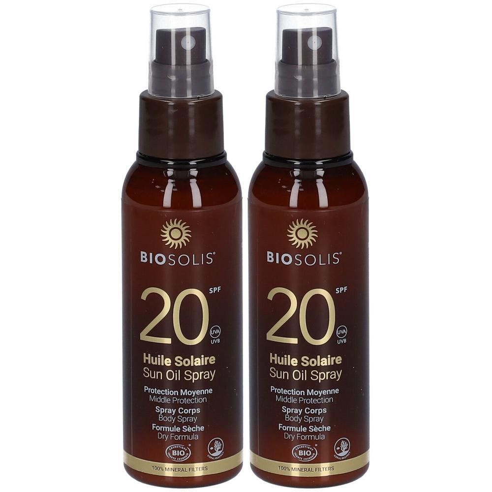 Twee flessen Biosolis Zonneolie Spray SPF 20 met pompkop.