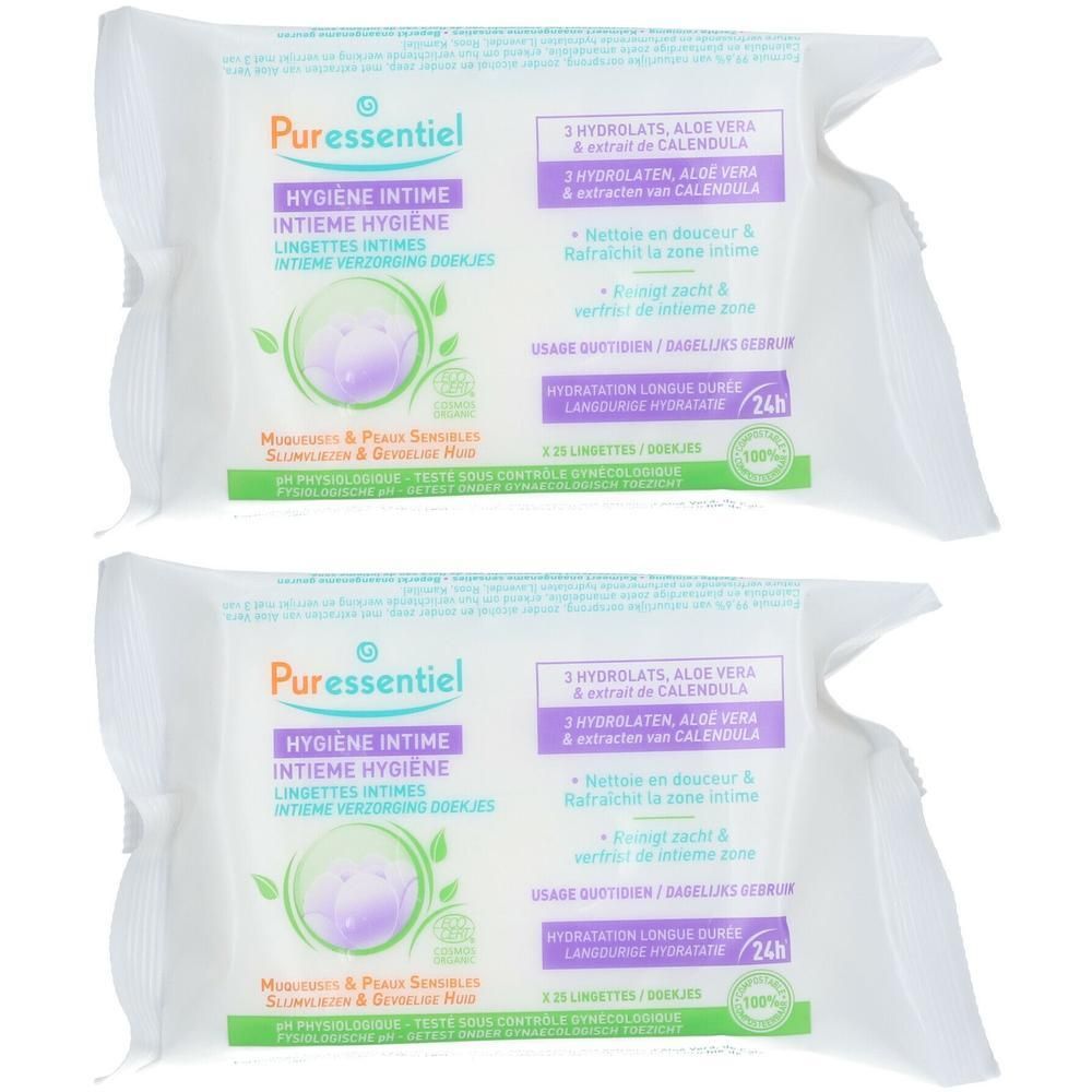 Deux paquets de lingettes d'hygiène intime Puressentiel. À l'aloe vera et extrait de calendula.