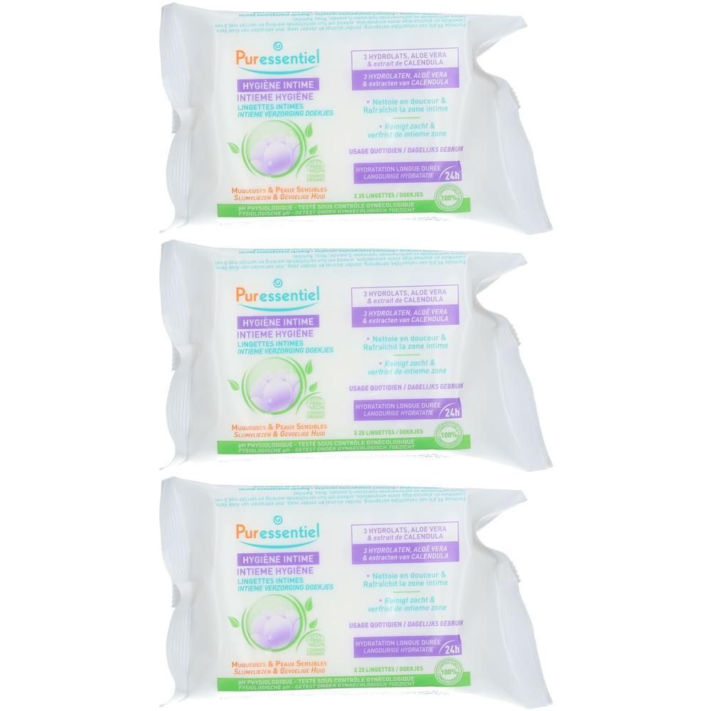 Trois paquets de lingettes d'hygiène intime Puressentiel à l'aloe vera et au calendula.
