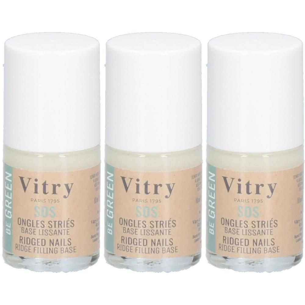 Drie Vitry SOS Ridge Nails flesjes met witte dop en etiket.