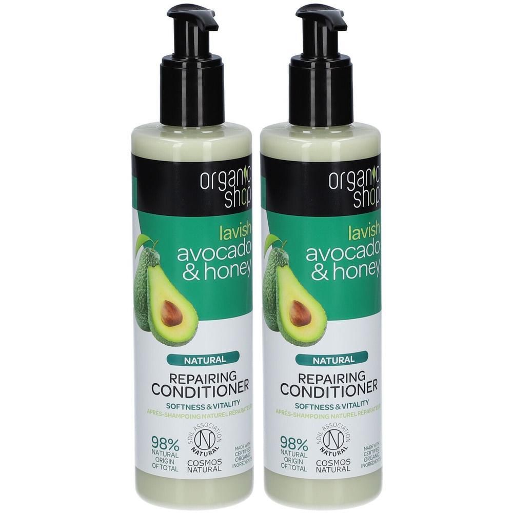 Twee flessen Organic Shop Avocado & Honing Herstellende Conditioner met pompdoseerders.